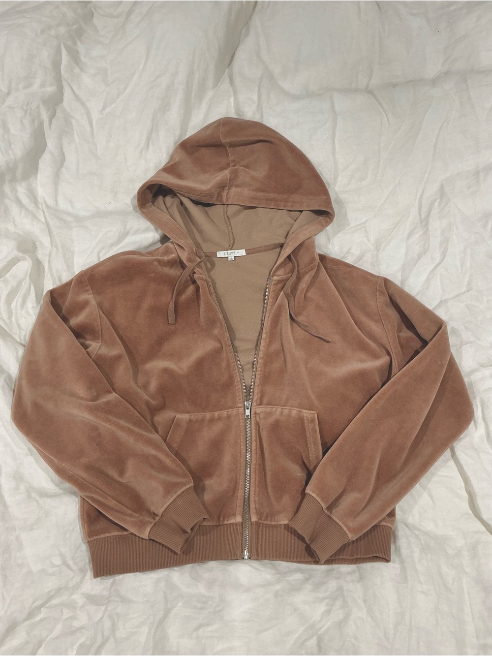 Large Z Supply Velvet Hoodie Jacket in Warm Brown